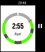 A watch app showing a running activity represented using a clock-style ring